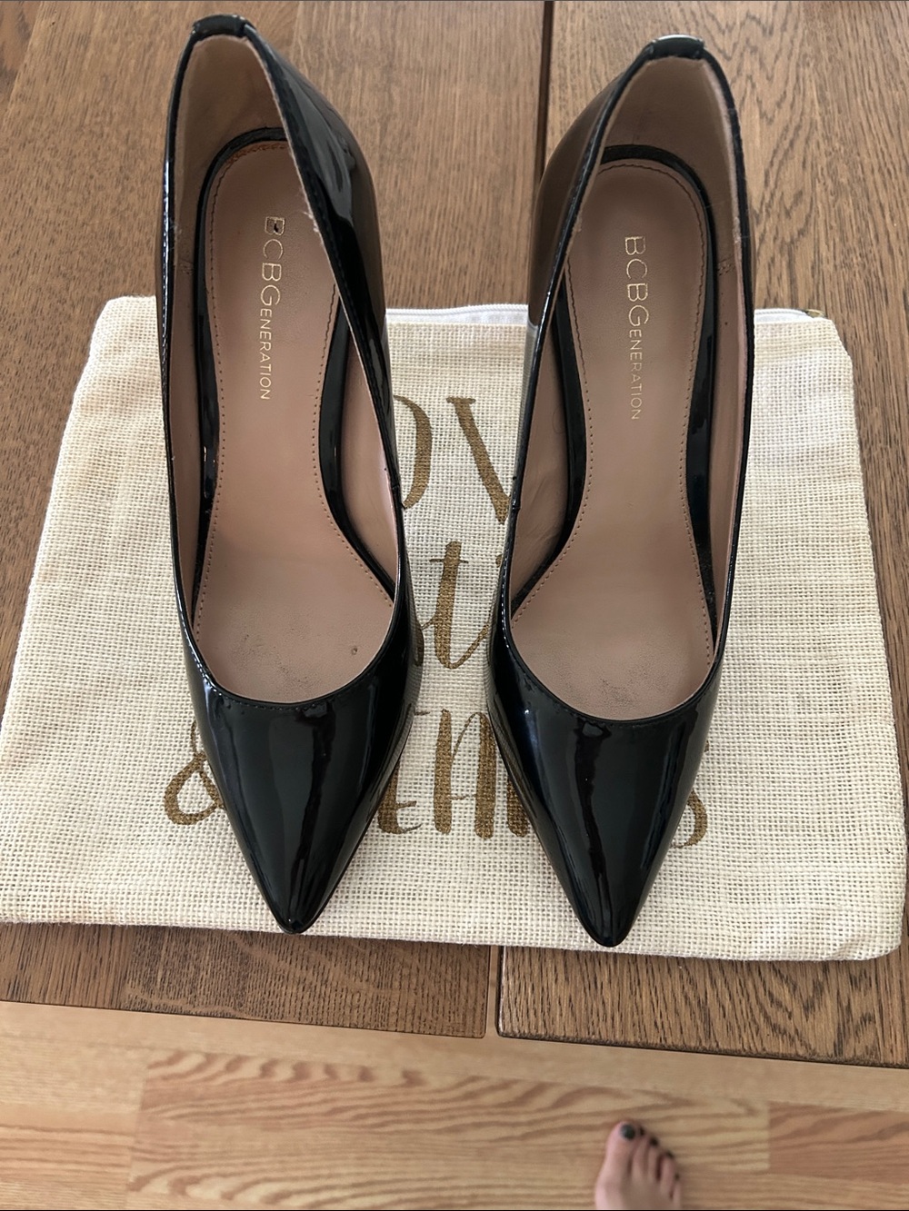 BCBGeneration Black Patent Pointed Toe Heels